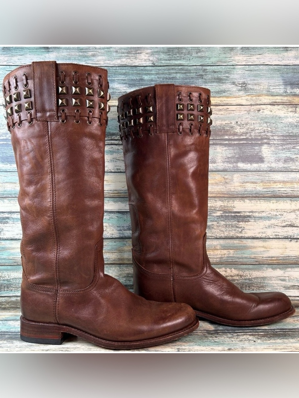 Sendra Knee High Boots Womens 8 Brown Leather Riding Moto Studded Biker Western